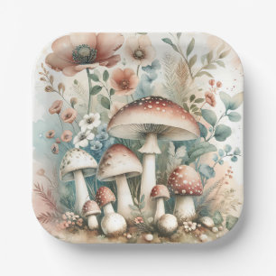 Watercolor Vintage Mushrooms and Flowers Wedding Paper Plate