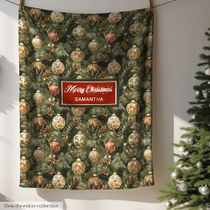 Watercolor Vintage Neutral Colours Sage Xmas Baubl Fleece Blanket