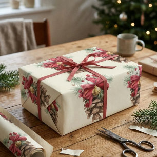 Watercolor Vintage Pine Cone Red Holly Berries Wrapping Paper