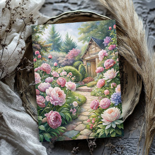 Watercolor vintage pink peonies garden rice paper