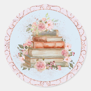 Watercolor Vintage Pink Roses and Books Floral Classic Round Sticker