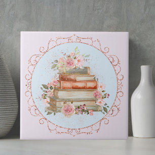 Watercolor Vintage Pink Roses and Books Floral Cut Ceramic Tile
