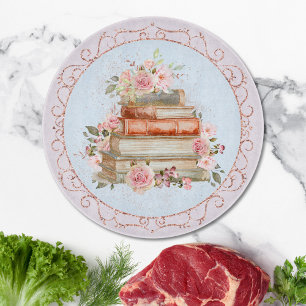 Watercolor Vintage Pink Roses and Books Floral Cut Cutting Board