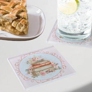 Watercolor Vintage Pink Roses and Books Floral Glass Coaster