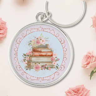 Watercolor Vintage Pink Roses and Books Floral Key Ring