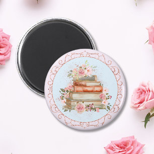 Watercolor Vintage Pink Roses and Books Floral Magnet