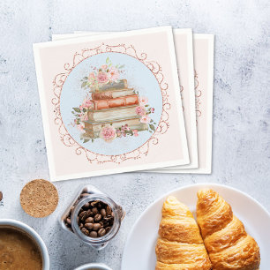 Watercolor Vintage Pink Roses and Books Floral Napkin
