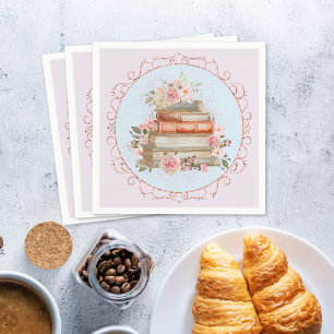 Watercolor Vintage Pink Roses and Books Floral  Napkin