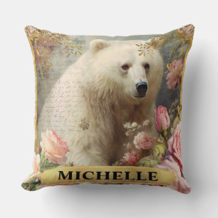 Watercolor Vintage Polar Bear and Pink Roses Cushion