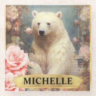 Watercolor Vintage Polar Bear and Pink Roses Glass Coaster