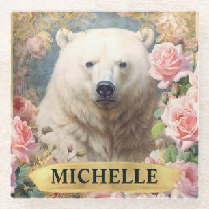 Watercolor Vintage Polar Bear and Pink Roses Glass Coaster