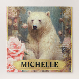 Watercolor Vintage Polar Bear and Pink Roses Jigsaw Puzzle