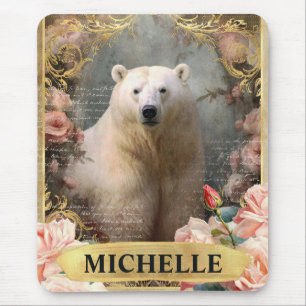 Watercolor Vintage Polar Bear and Pink Roses Mouse Pad