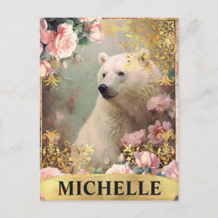 Watercolor Vintage Polar Bear and Pink Roses Postcard