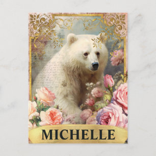 Watercolor Vintage Polar Bear and Pink Roses Postcard