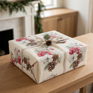 Watercolor Vintage Red Berries Pine Cone Christmas Wrapping Paper
