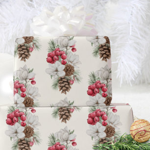 Watercolor Vintage Red Berries Pine Cone Christmas Wrapping Paper
