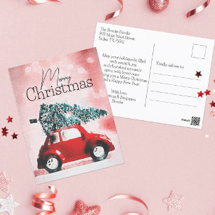 Watercolor Vintage Red Car Merry Christmas Holiday Postcard