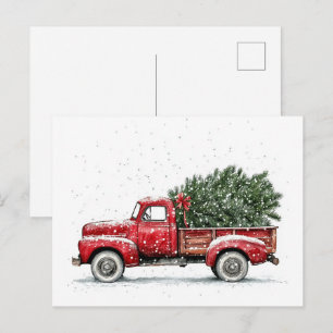 Watercolor Vintage Red Truck Christmas Postcard