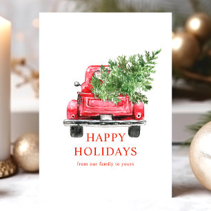 Watercolor Vintage Red Truck Christmas Tree Happy Holiday Card
