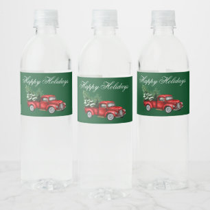Watercolor Vintage Red Truck Happy Holidays Green Water Bottle Label