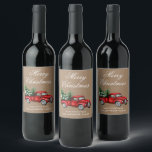 Watercolor Vintage Red Truck Kraft Merry Christmas Wine Label<br><div class="desc">Watercolor Classic Vintage Red Truck and Christmas Tree. Merry Christmas Kraft Wine Bottle Label. White Script.</div>