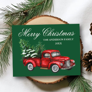 Watercolor Vintage Red Truck Merry Christmas Green Postcard