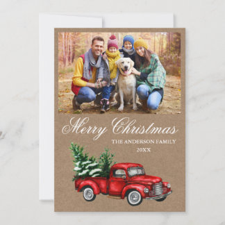 Watercolor Vintage Red Truck Photo Kraft Christmas Holiday Card