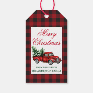 Watercolor Vintage Red Truck Plaid Merry Christmas Gift Tags