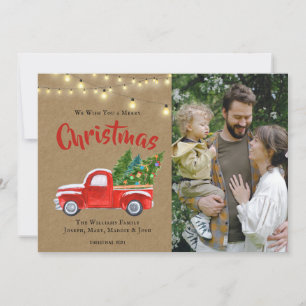 Watercolor Vintage Red Truck Tree Photo Holiday