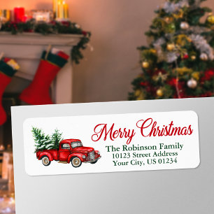Watercolor Vintage Red Truck Trees Christmas Return Address Label
