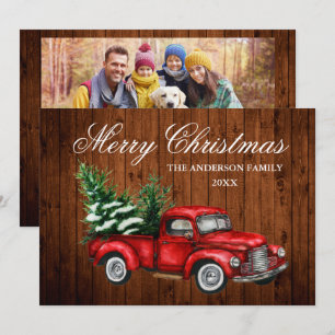 Watercolor Vintage Red Truck Wood Photo Christmas Holiday Card