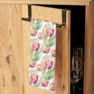 Watercolor Vintage Red Tulips Meadow Easter Tea Towel