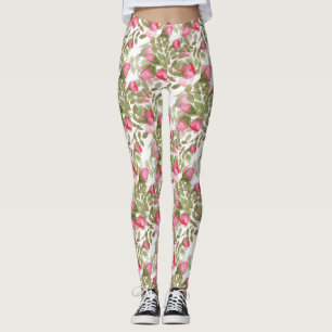 Watercolor vintage retro pink roses flowers floral leggings