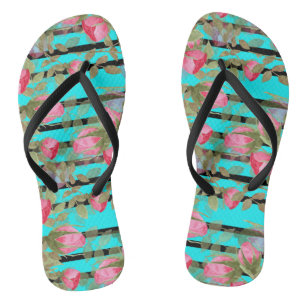 Watercolor vintage retro pink roses flowers floral thongs