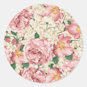 Watercolor Vintage Rose and Hydrangea Pattern Classic Round Sticker