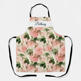 Watercolor Vintage Rose Flower Pattern Monogram Apron
