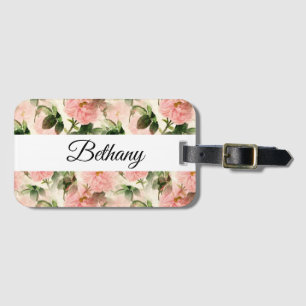 Watercolor Vintage Rose Flower Pattern Monogram Luggage Tag