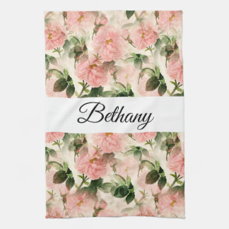 Watercolor Vintage Rose Flower Pattern Monogram Tea Towel