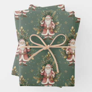 Watercolor Vintage Santa Claus & Christmas Tree  Wrapping Paper Sheet