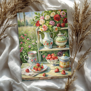 Watercolor vintage shabby chic tea table red roses tissue paper