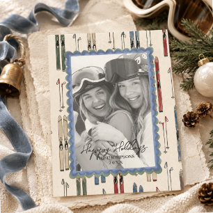 Watercolor Vintage Ski Family Photo Christmas Holiday Card