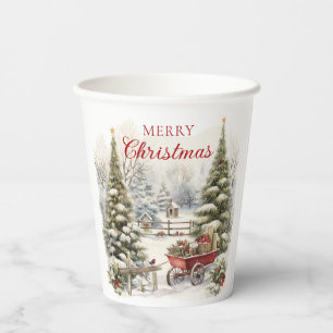Watercolor Vintage Snowy Christmas Trees  Paper Cups