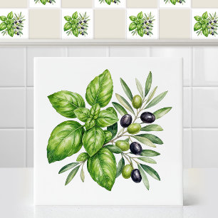 Watercolor Vintage Sweet Basil Leaves Olive Branch Ceramic Tile