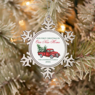 Watercolor Vintage Truck Christmas Our New Home Snowflake Pewter Christmas Ornament