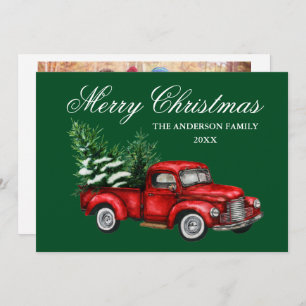 Watercolor Vintage Truck Photo Christmas Green Holiday Card