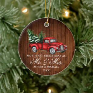 Watercolor Vintage Truck Wood Mr. Mrs. Christmas Ceramic Ornament