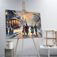 Watercolor Vintage Victorian Snowy Street 