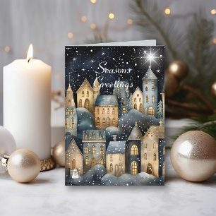 Watercolor Vintage Village Star Night Christmas Card