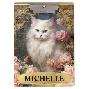 Watercolor Vintage White Cat and Pink Roses Clipboard
